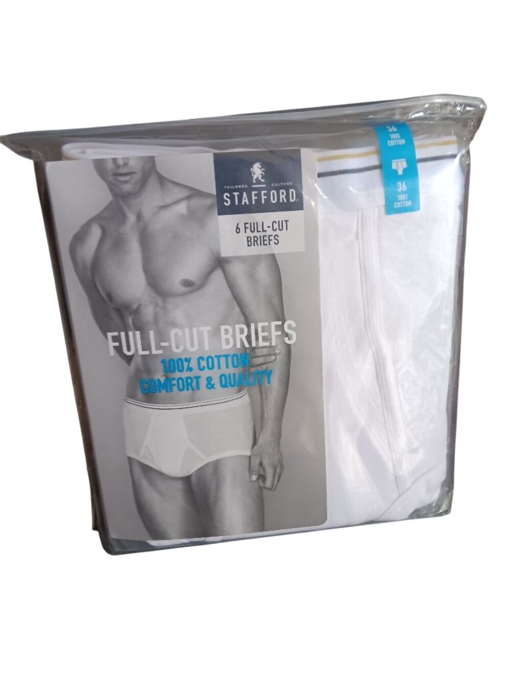 Stafford Mens 6-Pack Full-Cut Briefs 36 White 100% Cotton